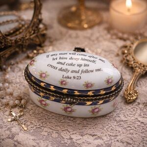 Devotional Collectible Floral Porcelain Jewelry Box Victorian Style Vanity Decor